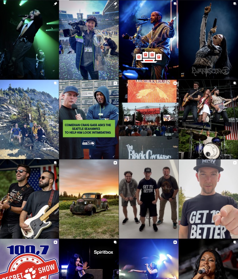 Screenshot of the @rmillervideo Instagram feed showing concert, sports, and live event photos and videos